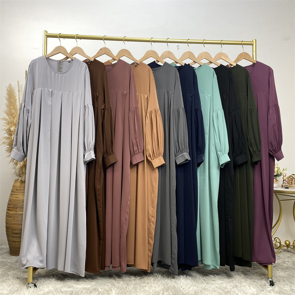 Muslim Solid Color Pleated Round Neck Dress